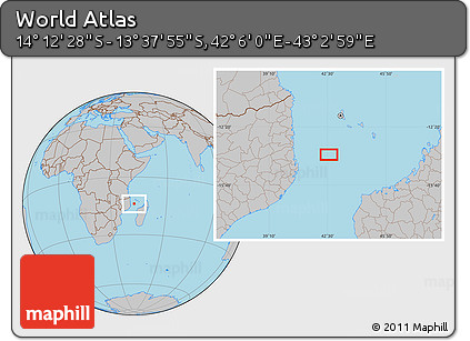 Gray Location Map of the Area around 13° 55' 11" S, 42° 34' 30" E