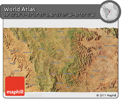 Satellite 3D Map of the Area around 13° 55' 11" S, 42° 25' 29" W