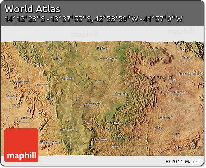 Satellite 3D Map of the Area around 13° 55' 11" S, 42° 25' 29" W
