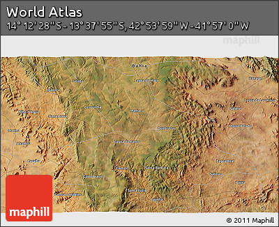 Satellite 3D Map of the Area around 13° 55' 11" S, 42° 25' 29" W