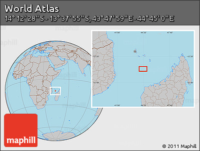 Gray Location Map of the Area around 13° 55' 11" S, 44° 16' 29" E