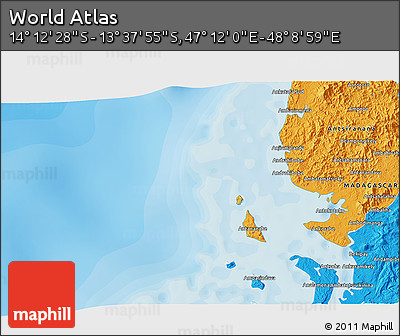 Political 3D Map of the Area around 13° 55' 11" S, 47° 40' 29" E