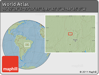 Savanna Style Location Map of the Area around 13° 55' 11" S, 49° 13' 30" W, hill shading