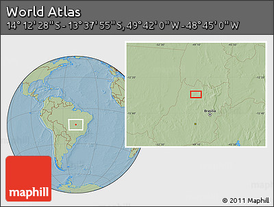 Savanna Style Location Map of the Area around 13° 55' 11" S, 49° 13' 30" W, hill shading