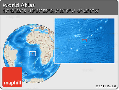 Shaded Relief Location Map of the Area around 13° 55' 11" S, 4° 10' 30" W