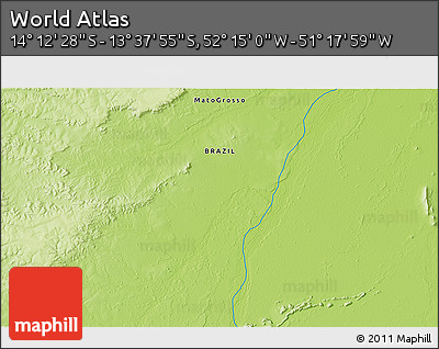 Physical 3D Map of the Area around 13° 55' 11" S, 51° 46' 29" W