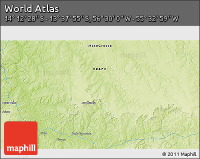 Physical 3D Map of the Area around 13° 55' 11" S, 56° 1' 29" W