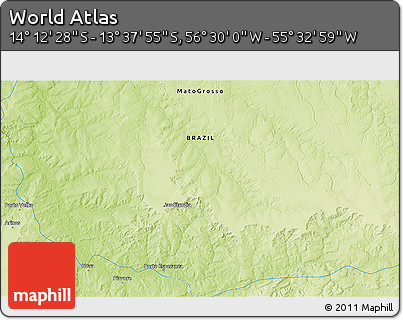 Physical 3D Map of the Area around 13° 55' 11" S, 56° 1' 29" W