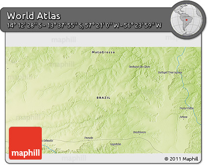 Physical 3D Map of the Area around 13° 55' 11" S, 56° 52' 30" W