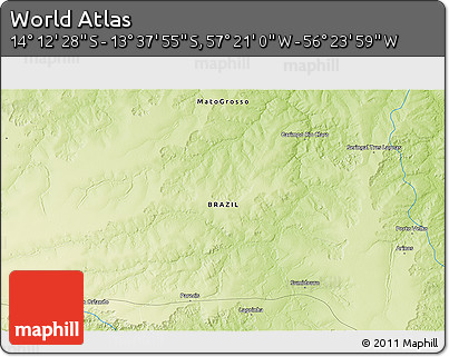 Physical 3D Map of the Area around 13° 55' 11" S, 56° 52' 30" W