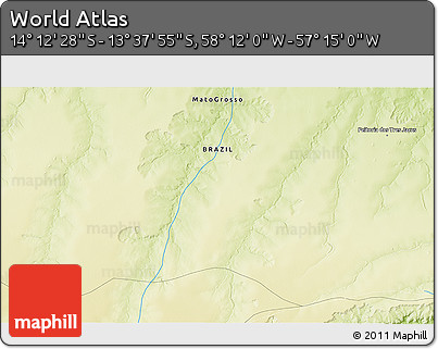 Physical 3D Map of the Area around 13° 55' 11" S, 57° 43' 30" W