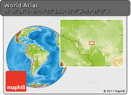 Physical Location Map of the Area around 13° 55' 11" S, 57° 43' 30" W
