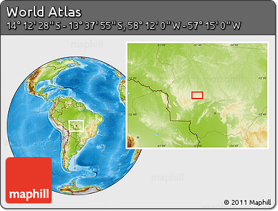 Physical Location Map of the Area around 13° 55' 11" S, 57° 43' 30" W