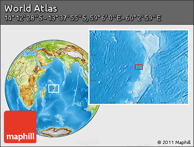 Physical Location Map of the Area around 13° 55' 11" S, 59° 34' 30" E