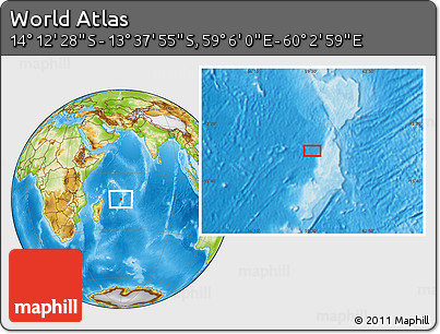 Physical Location Map of the Area around 13° 55' 11" S, 59° 34' 30" E