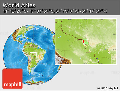 Physical Location Map of the Area around 13° 55' 11" S, 60° 16' 29" W
