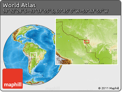 Physical Location Map of the Area around 13° 55' 11" S, 60° 16' 29" W