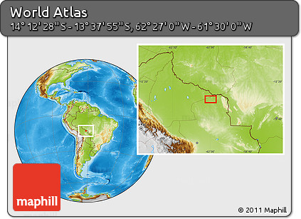 Physical Location Map of the Area around 13° 55' 11" S, 61° 58' 30" W