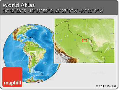 Physical Location Map of the Area around 13° 55' 11" S, 61° 58' 30" W