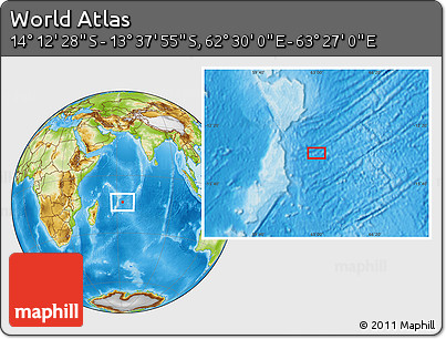 Physical Location Map of the Area around 13° 55' 11" S, 62° 58' 30" E