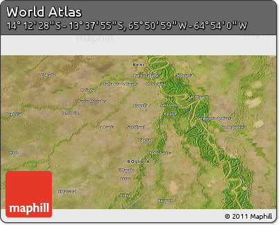 Satellite 3D Map of the Area around 13° 55' 11" S, 65° 22' 30" W