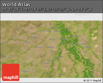 Satellite 3D Map of the Area around 13° 55' 11" S, 65° 22' 30" W