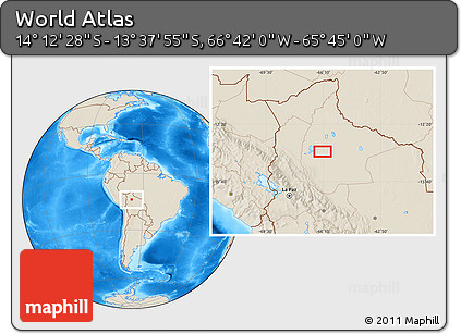 Shaded Relief Location Map of the Area around 13° 55' 11" S, 66° 13' 29" W