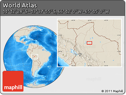 Shaded Relief Location Map of the Area around 13° 55' 11" S, 66° 13' 29" W