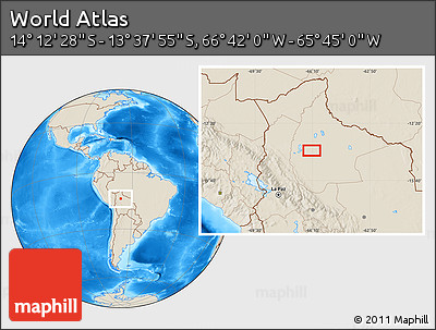 Shaded Relief Location Map of the Area around 13° 55' 11" S, 66° 13' 29" W