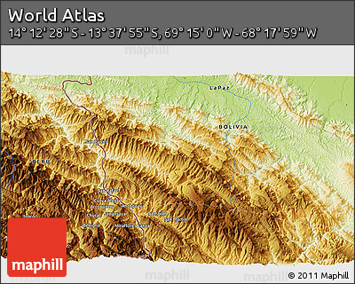 Physical 3D Map of the Area around 13° 55' 11" S, 68° 46' 30" W