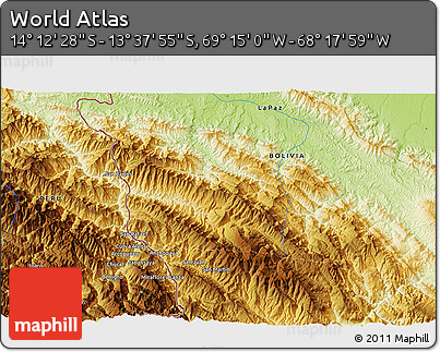 Physical 3D Map of the Area around 13° 55' 11" S, 68° 46' 30" W