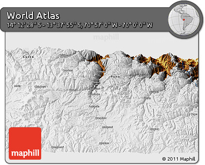 Physical 3D Map of the Area around 13° 55' 11" S, 70° 28' 29" W