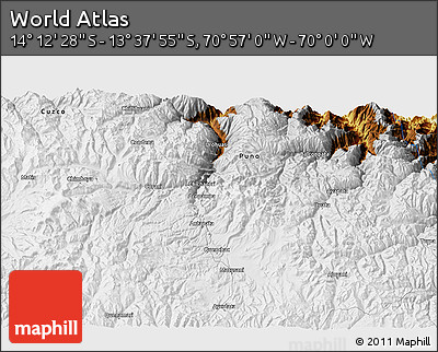 Physical 3D Map of the Area around 13° 55' 11" S, 70° 28' 29" W