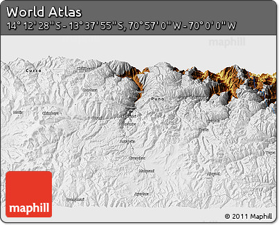 Physical 3D Map of the Area around 13° 55' 11" S, 70° 28' 29" W