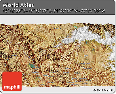 Satellite 3D Map of the Area around 13° 55' 11" S, 71° 19' 29" W