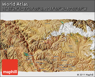 Satellite 3D Map of the Area around 13° 55' 11" S, 71° 19' 29" W