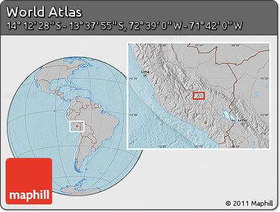 Gray Location Map of the Area around 13° 55' 11" S, 72° 10' 30" W, hill shading
