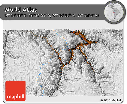 Physical 3D Map of the Area around 13° 55' 11" S, 73° 52' 30" W