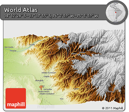 Physical 3D Map of the Area around 13° 55' 11" S, 75° 34' 29" W