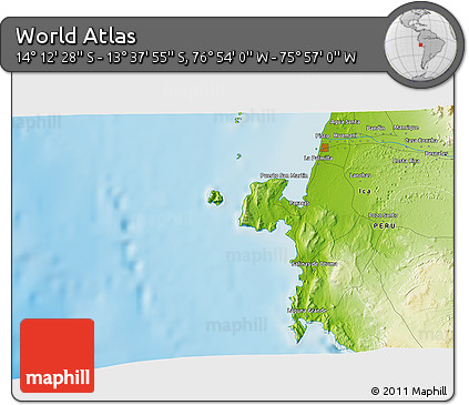 Physical 3D Map of the Area around 13° 55' 11" S, 76° 25' 30" W