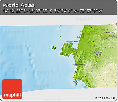 Physical 3D Map of the Area around 13° 55' 11" S, 76° 25' 30" W