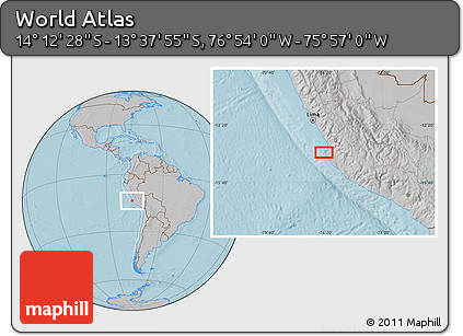 Gray Location Map of the Area around 13° 55' 11" S, 76° 25' 30" W, hill shading