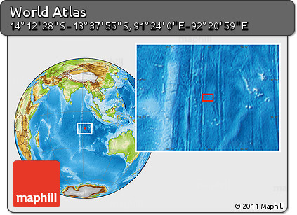 Physical Location Map of the Area around 13° 55' 11" S, 91° 52' 30" E