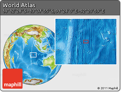 Physical Location Map of the Area around 13° 55' 11" S, 91° 52' 30" E