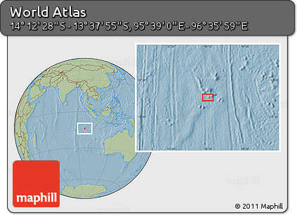 Savanna Style Location Map of the Area around 13° 55' 11" S, 96° 7' 30" E, hill shading