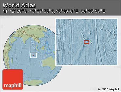 Savanna Style Location Map of the Area around 13° 55' 11" S, 96° 7' 30" E, hill shading