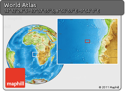 Physical Location Map of the Area around 13° 55' 11" S, 9° 25' 30" E
