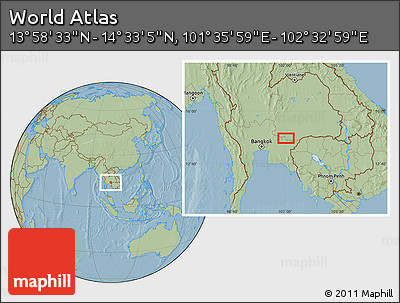 Savanna Style Location Map of the Area around 14° 15' 49" N, 102° 4' 29" E, hill shading