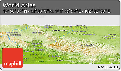 Physical Panoramic Map of the Area around 14° 15' 49" N, 102° 4' 29" E
