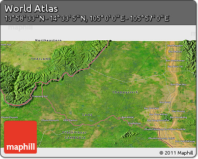Satellite 3D Map of the Area around 14° 15' 49" N, 105° 28' 29" E